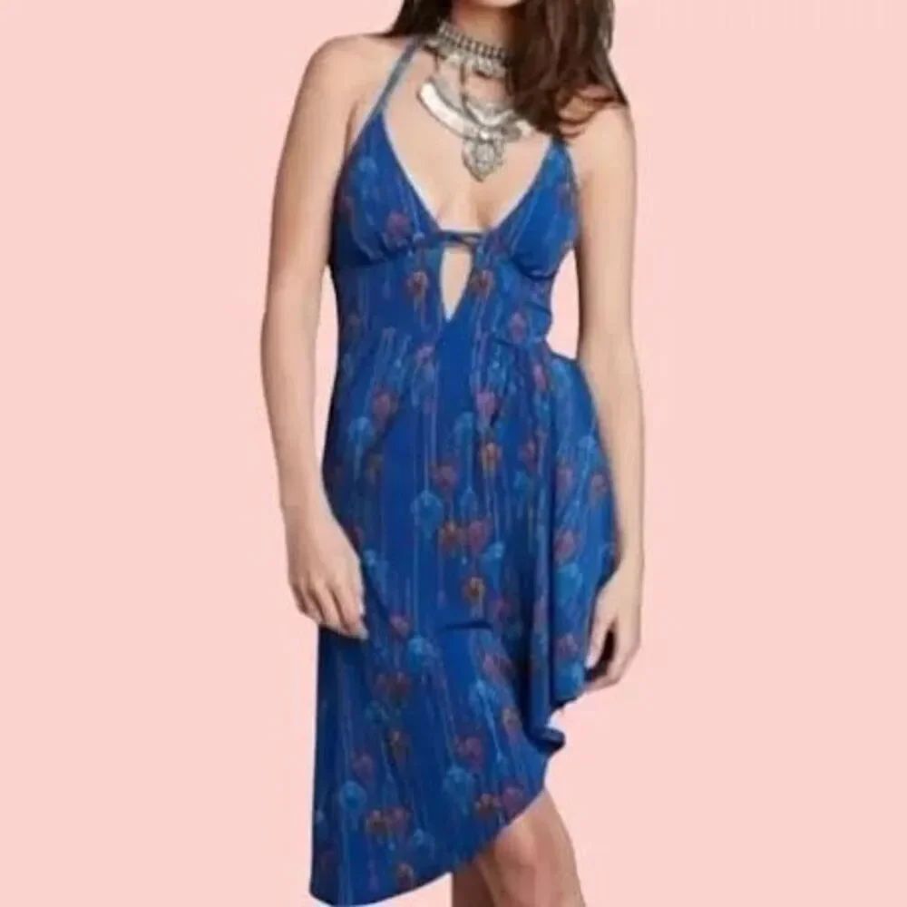 Free People Tropical Daydream Halter Dress Blue Feather Print Asymmetrical Midi
